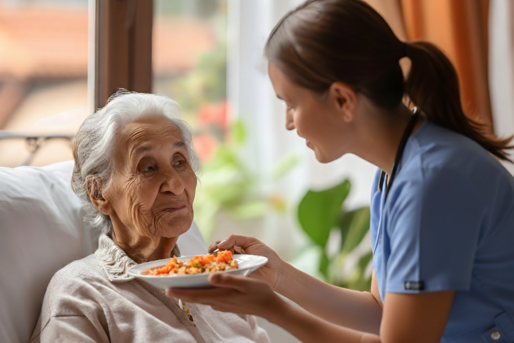 Cuidadora del personal asiste con la alimentación a una adulta mayor en cama, sosteniendo un plato de comida