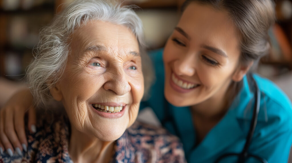 Primer plano de una residente adulta mayor sonriendo felizmente, mientras una cuidadora de El Roble la mira con cariño